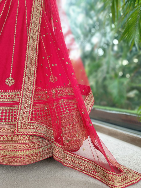 Rosethorne Red Raw Silk or Satin-Silk Unstitched Bridal Lehenga With Antique Zari Jaal Work
