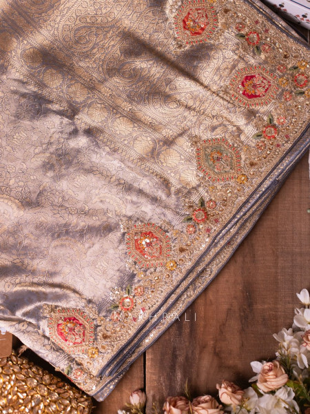 Royal Princess Grey Banarasi Silk Saree with Zardozi Detailing