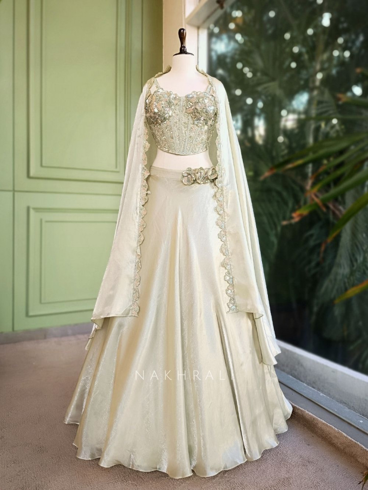 Image of Elowen Green Embroidered Corset Lehenga Set