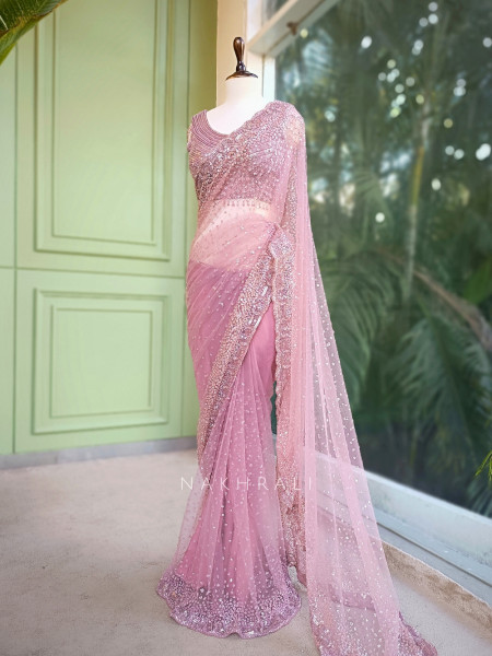 Periwinkle Onion Pink Tissue Saree with Sequin Work