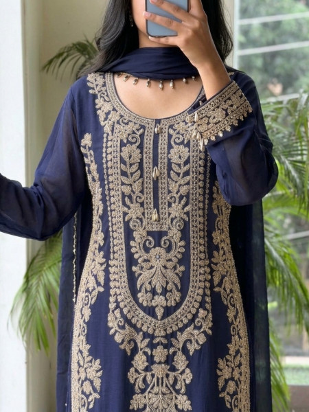 Vermilion Blue Georgette Crepe-Silk Blend Straight Suit Set
