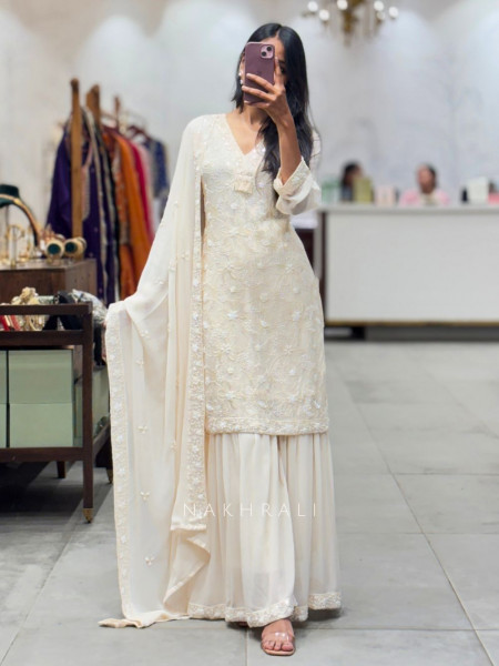 Noorleaf Cream Garara Set with Sequin and Cut Dana Work