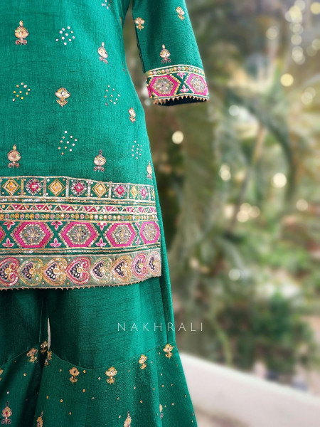 Emerald Radiance Silk Gharara Set with Sequin Embroidery
