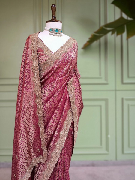 Kumudam Wine Banarasi Khaddi Georgette Saree with Zari Jaal and Scalloped Cutwork Border