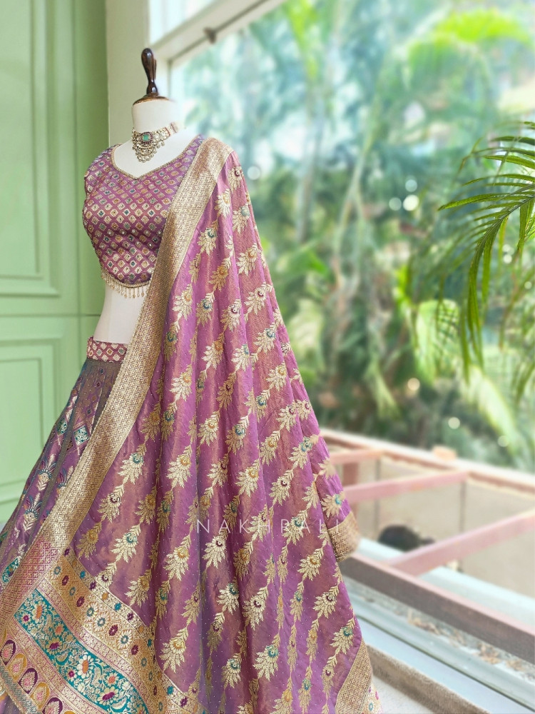Image of Rajeshwari Wine Banarasi Katan Silk Lehenga Set With Meenakari Zari Work