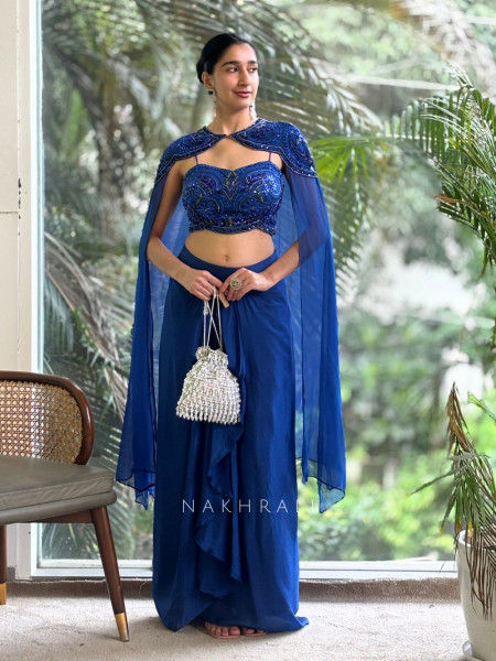 Lustre Veil Royal Blue Crop Top Skirt with Cape and Sequin Cut Dana Work