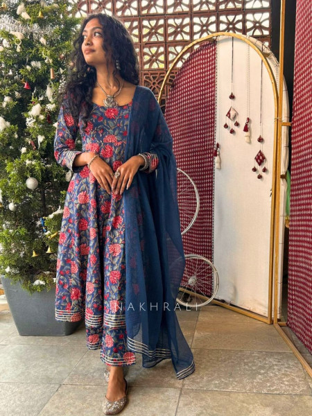 Mrigya Blue Floral Cotton Anarkali Suit Set with Gota Work
