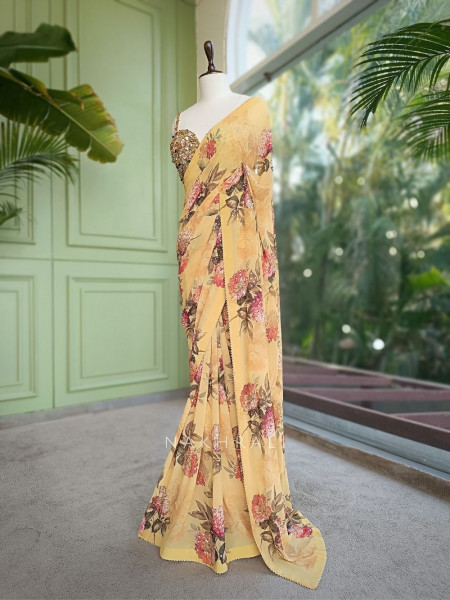 Lorina Yellow Floral Pure Georgette Chiffon Saree with Embellished Readymade Blouse