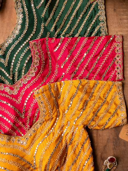 Pravahini Red Bandhani Saree with Sequin, Cut Dana & Mirror Work Readymade Blouse