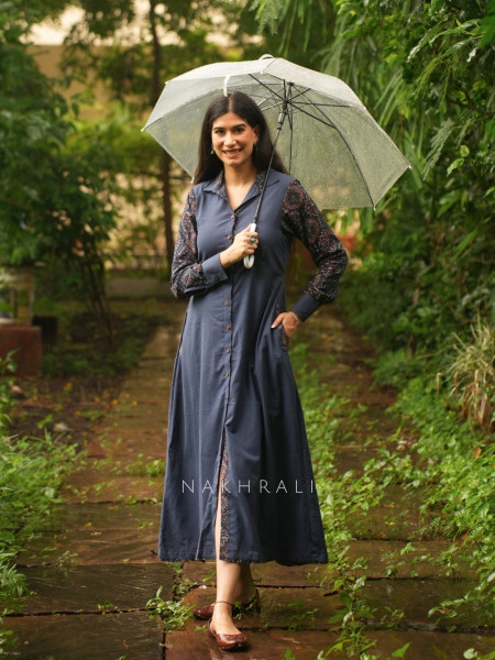 Sahir Blue Cotton Button-Down Dress