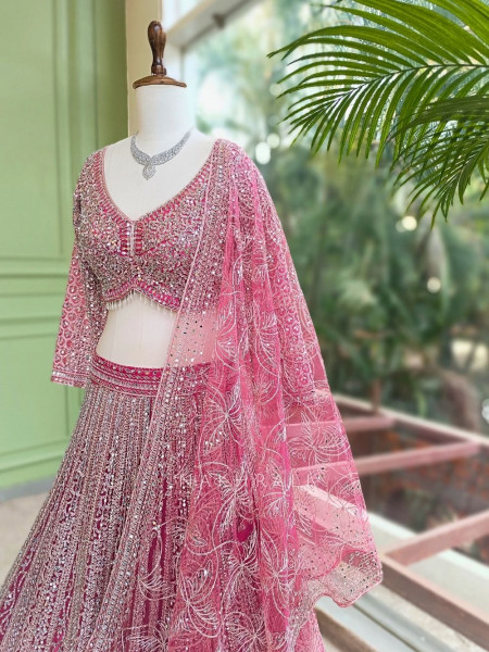 Rivarka Pink Mirror and Bead Embroidered Bridal Lehenga