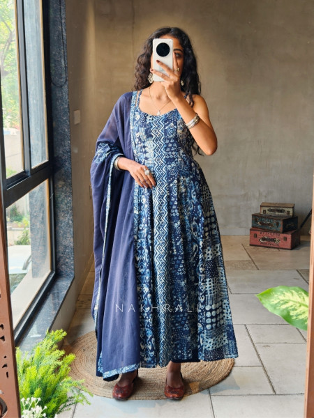 Zorvyn Blue Printed Anarkali Set with Panel Design