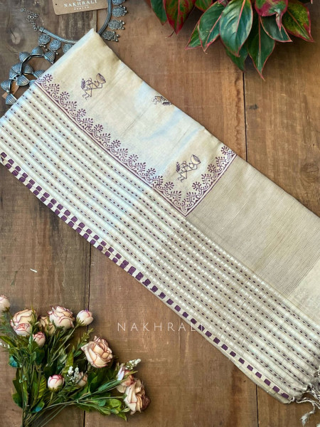 Vadi Wine Raw Silk Saree with Kantha & Tribal Embroidery