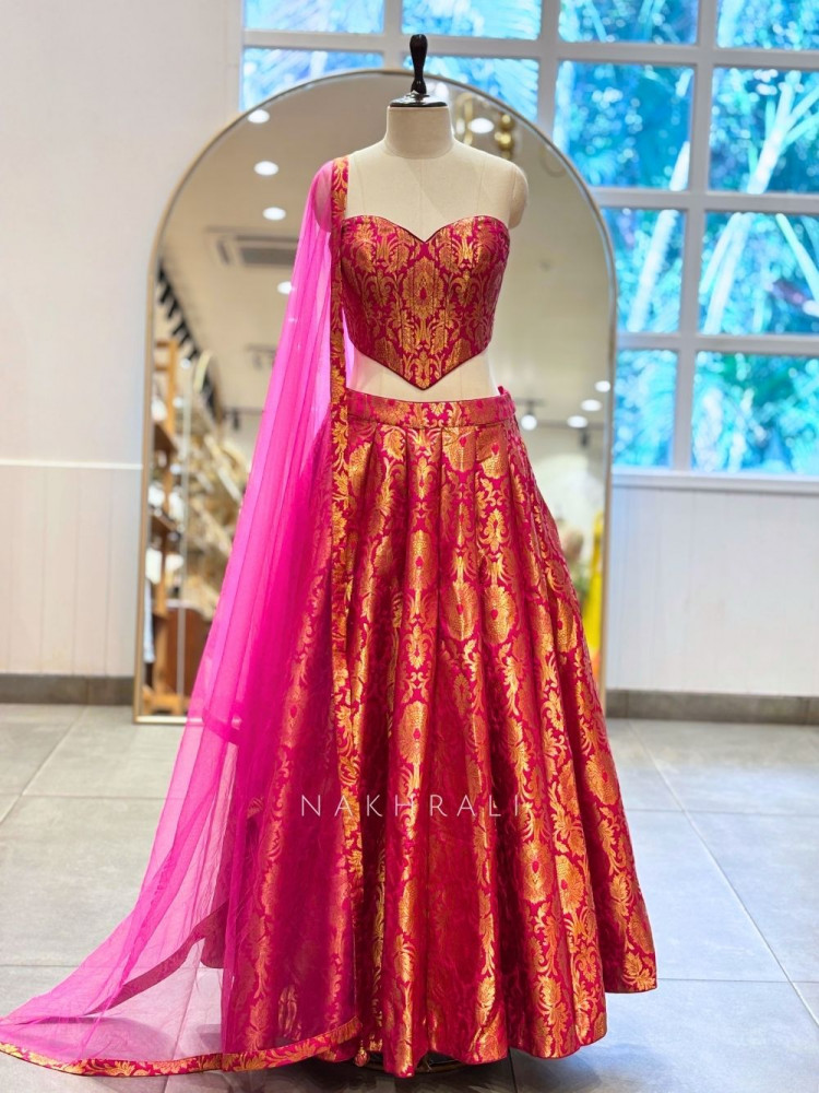 Image of Aarunya Sunset Magenta Banarasi Brocade Silk Lehenga Set