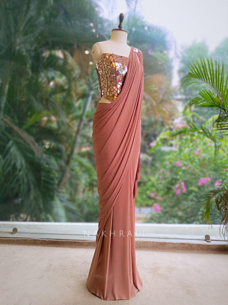 Talia Chestnut Sequin Mirror Drape Saree
