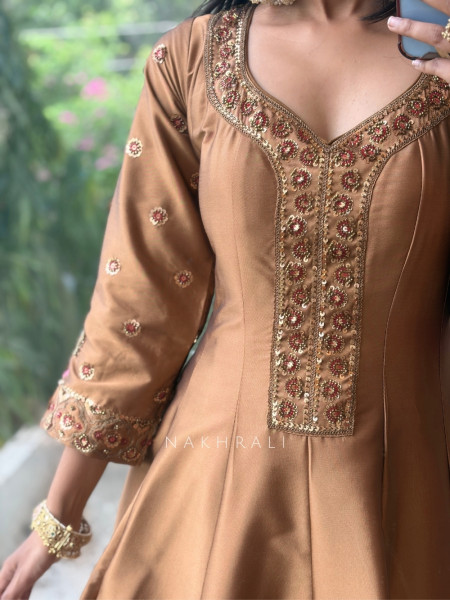 Imperial Blossom Brown Silk Blend Anarkali Suit Set