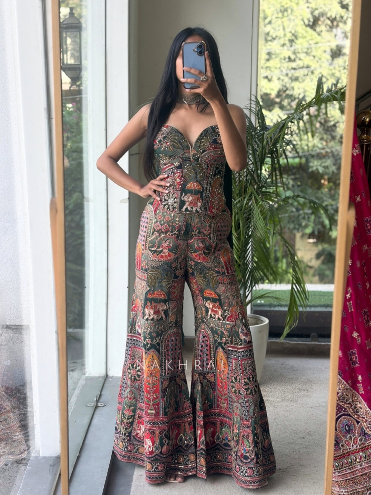 Image of Banarasi Green Patchwork Flared Palazzo Set