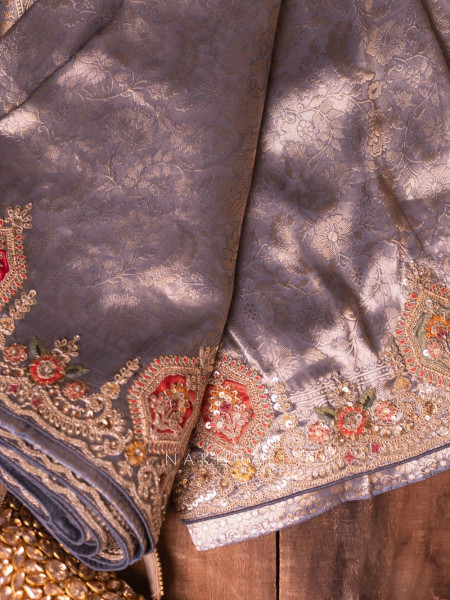 Royal Princess Grey Banarasi Silk Saree with Zardozi Detailing
