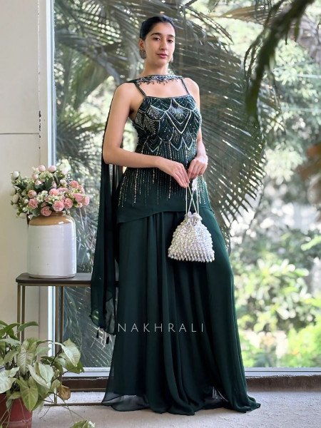 Glam Groove Green Kurta Palazzo Set with Sequin & Cut Dana Work