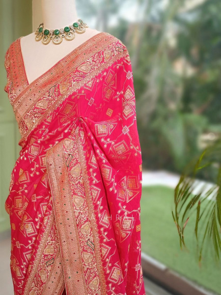 Desert Rose Red  Banarasi Khaddi Georgette Saree