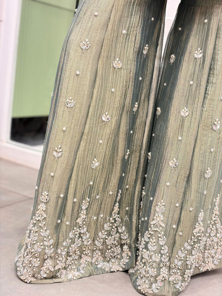 Inara Shimmer Sea Green Crushed Organza Gharara Suit Set