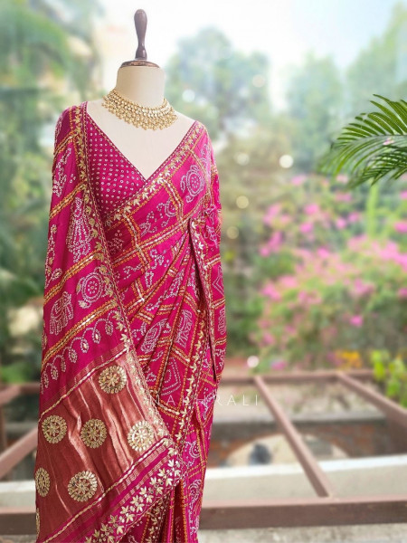Rangsheesh Magenta Bandhani Saree with Heritage Border