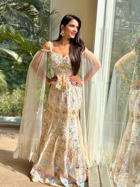Calira Beige Beaded Indo-Western Lehenga Set
