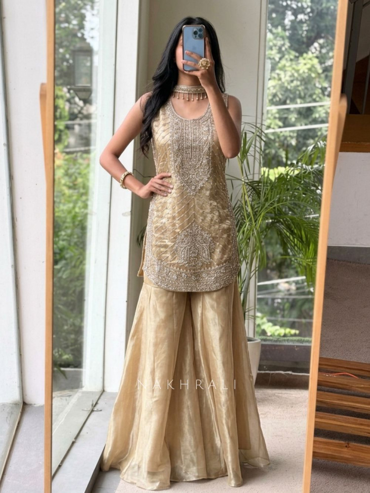 Image of Metamorphic Golden Indo-Western Palazzo Set