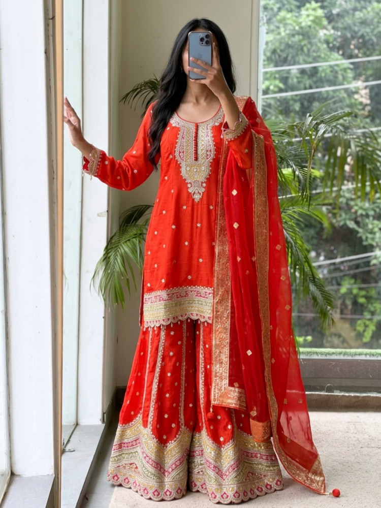 Image of Saffron Sizzle Orange Cutwork Sharara Suit Set