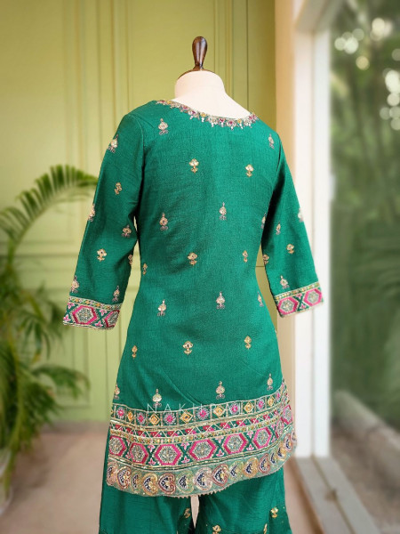 Emerald Radiance Silk Gharara Set with Sequin Embroidery