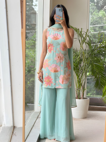 Fiesta Firozi Floral Viscose Silk Indo-Western Sharara Set