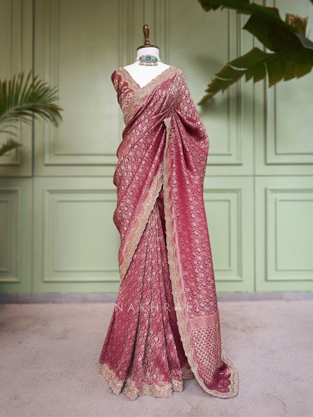 Kumudam Wine Banarasi Khaddi Georgette Saree with Zari Jaal and Scalloped Cutwork Border