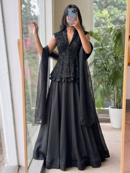 Nishika Black Georgette & Satin Silk Indo-Western Lehenga