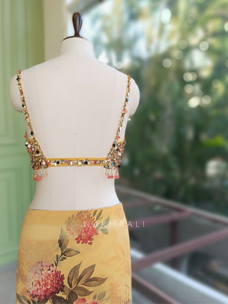 Lorina Yellow Floral Pure Georgette Chiffon Saree with Embellished Readymade Blouse