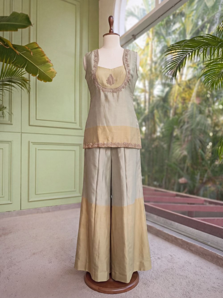 Image of Sculpted Grace Pista Green Slub Raw Silk Palazzo Set With Cutdana Zardozi Work