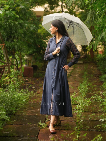 Sahir Blue Cotton Button-Down Dress