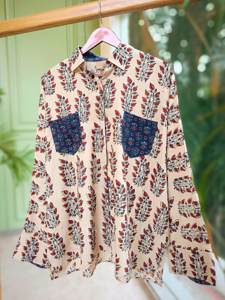 Banjara Beige Cotton Oversized Shirt with Leafy Block Print