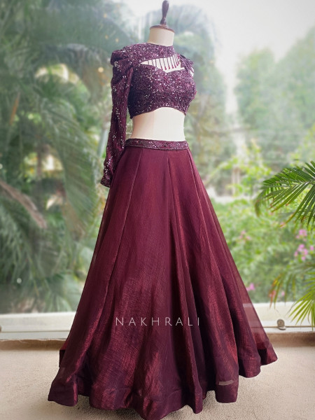 Nayara Maroon Indo-Western Lehenga with Sequin and Cut Dana Work