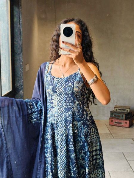 Zorvyn Blue Printed Anarkali Set with Panel Design