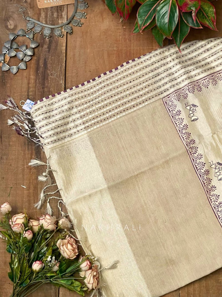 Vadi Wine Raw Silk Saree with Kantha & Tribal Embroidery