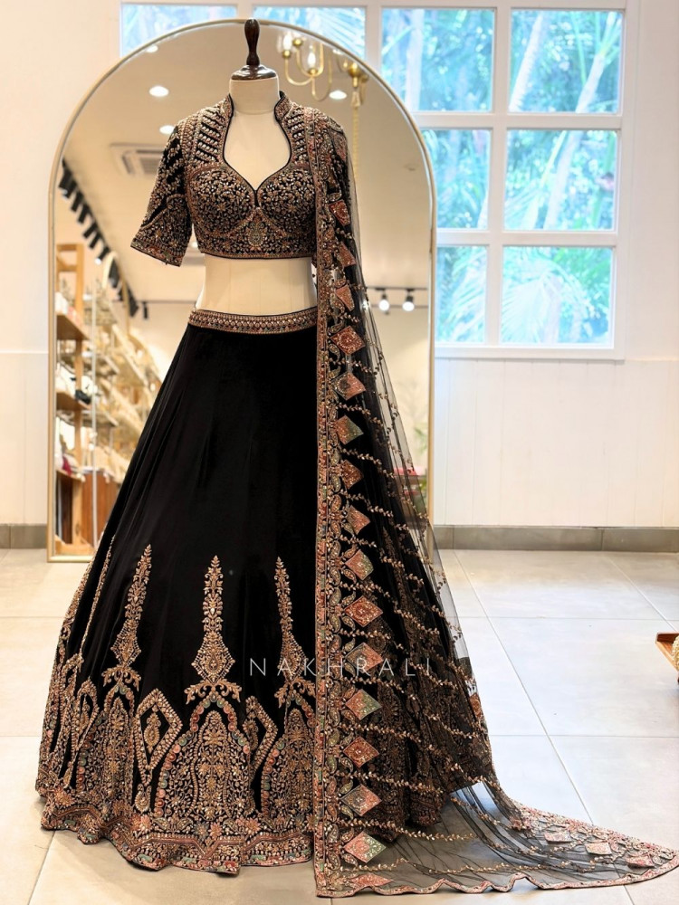 Image of Afsana Midnight Black Micro Velvet Lehenga Set