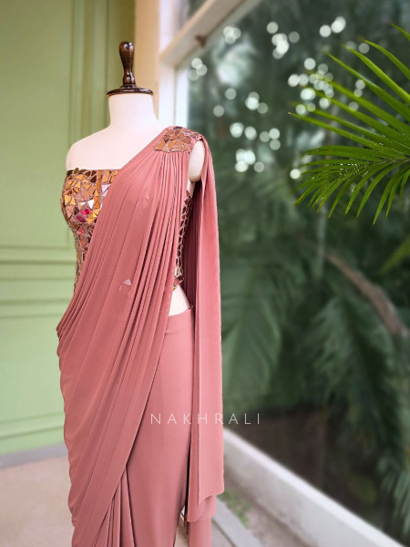 Talia Chestnut Sequin Mirror Drape Saree