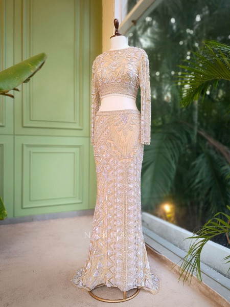 Ethereal Prism Beaded Crop Top & Sleek Skirt Set