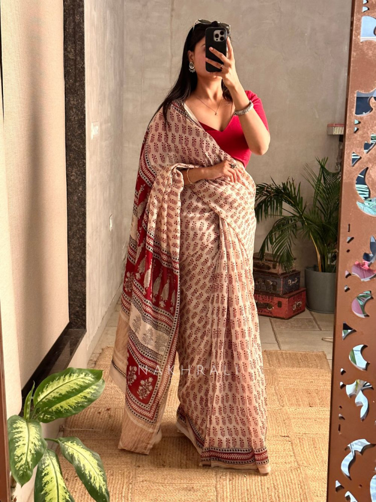 Image of Sitara Silhouettes Cream Chanderi Saree