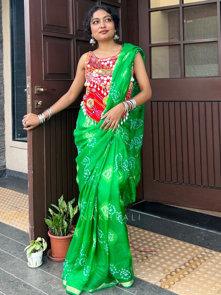 Image of Ritvika Green Bandhani Work &amp; Silver Zari Border Saree