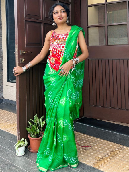 Ritvika Green Bandhani Work & Silver Zari Border Saree