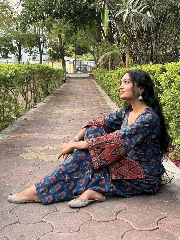 Image of Elvar Blue Cotton Block Print Kurti with Farsi Salwar Set