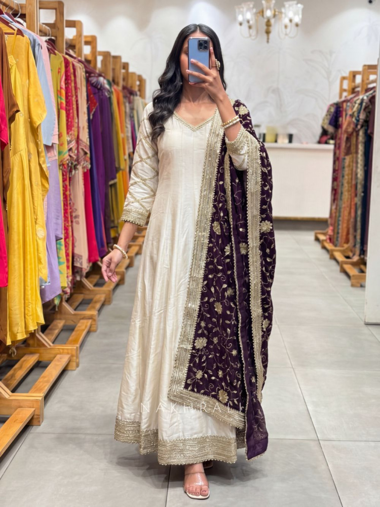 Image of Noor-e-Khaas Flared Cream Anarkali Suit with Royal Wine Dupatta
