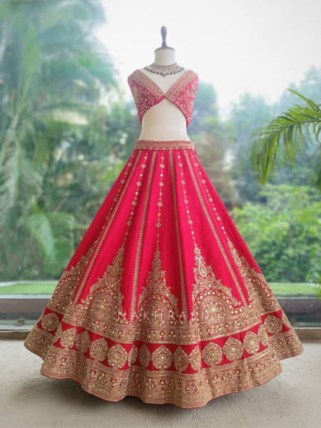 Inayat-Vibe Tomato Red Arch Border Unstitched Bridal Lehenga