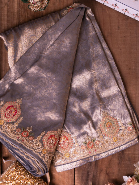 Royal Princess Grey Banarasi Silk Saree with Zardozi Detailing